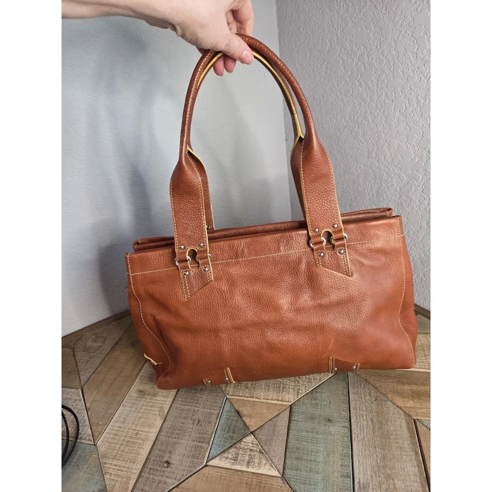 Vintage Cole‎ Haan Village Tan Brown Leather Shoulder Tote Bag Rivets Stitch